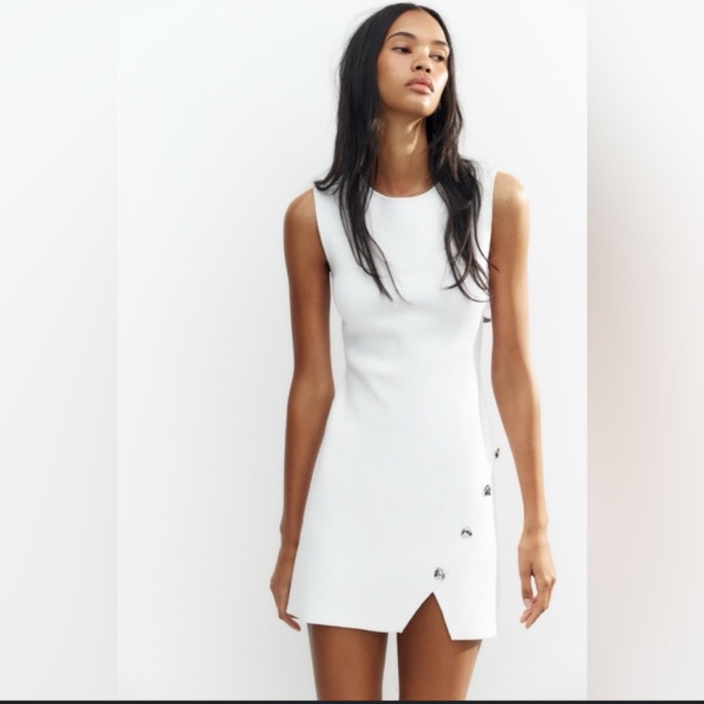 Zara White Sleeveless Button Mini Dress